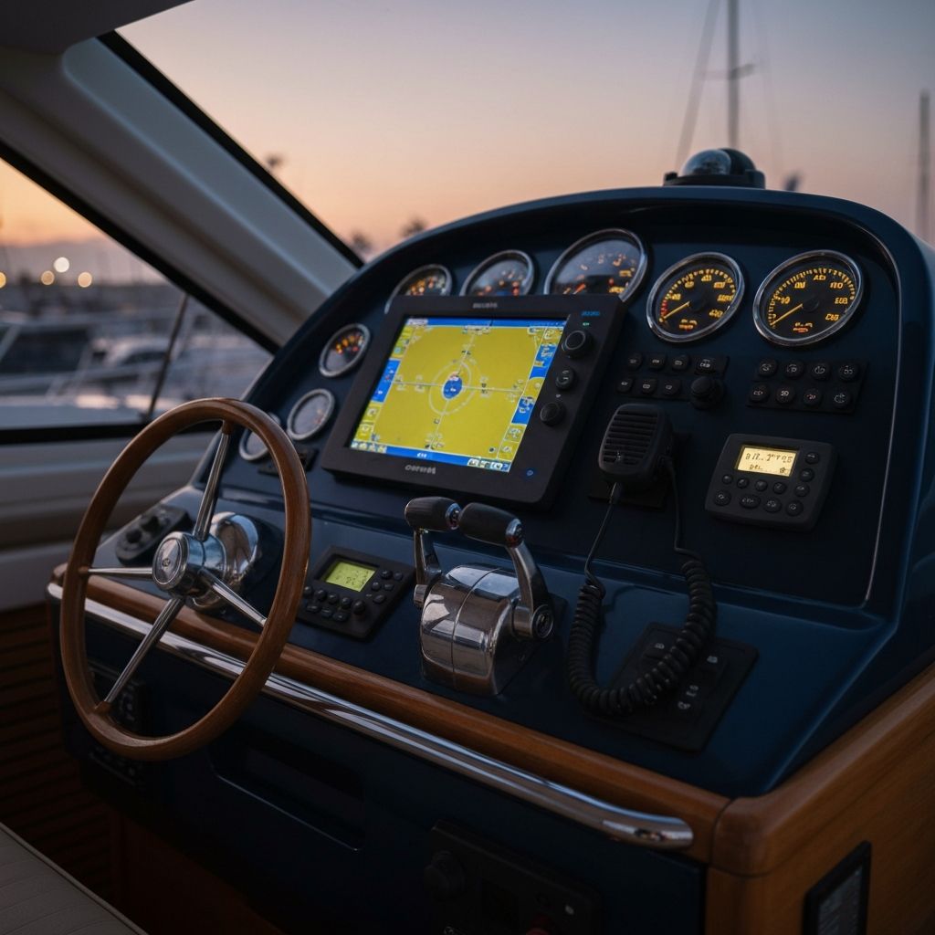 Modern yat dümen konsolunda chartplotter ve otopilot ekranları